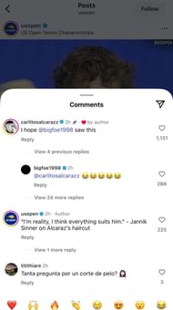 Alcaraz continuing his banter with Tiafoe in his reaction to Sinner's take on the Spaniard's 2025 US Open haircut (Source: Instagram/usopen)